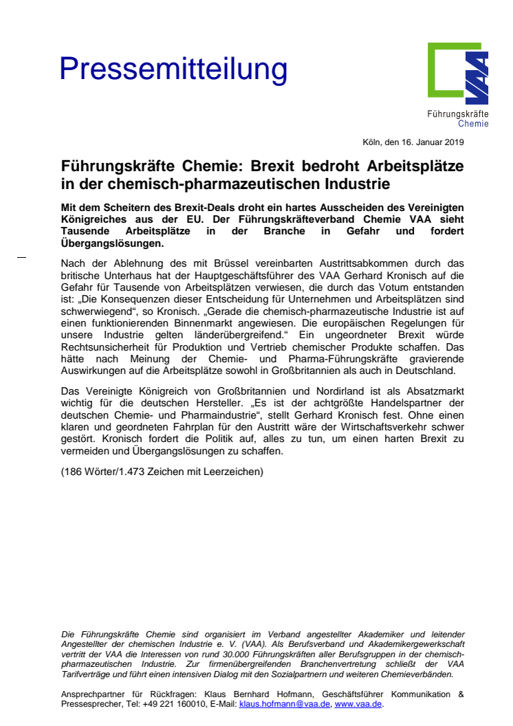 Führungskräfte Chemie: Brexit bedroht Arbeitsplätze in der chemisch-pharmazeutischen Industrie