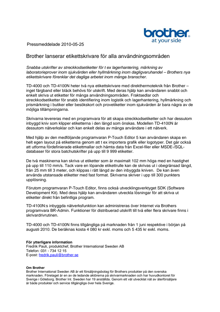 Brother International Sweden AB: Två nya etikettskrivare för alla användningsområden