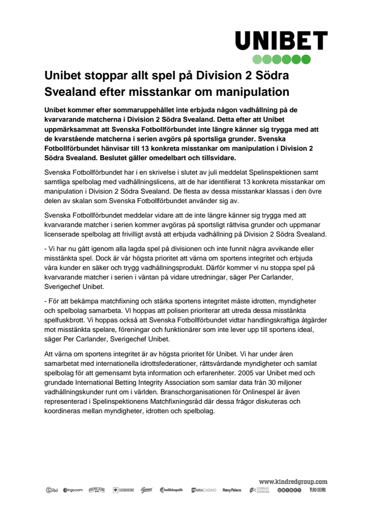 Unibet stoppar allt spel på Division 2 Södra Svealand efter misstankar om manipulation