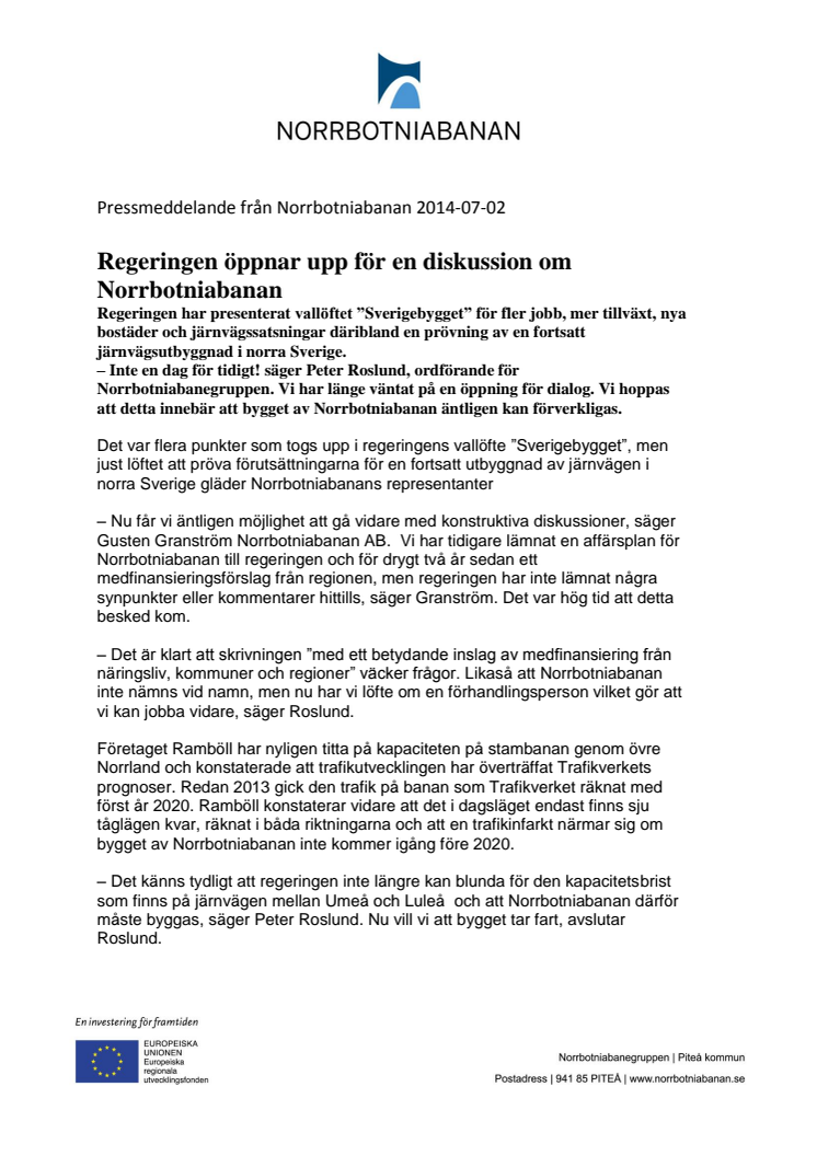 Regeringen öppnar upp för en diskussion om Norrbotniabanan