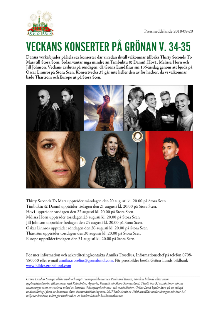 Veckans konserter på Grönan V. 34-35