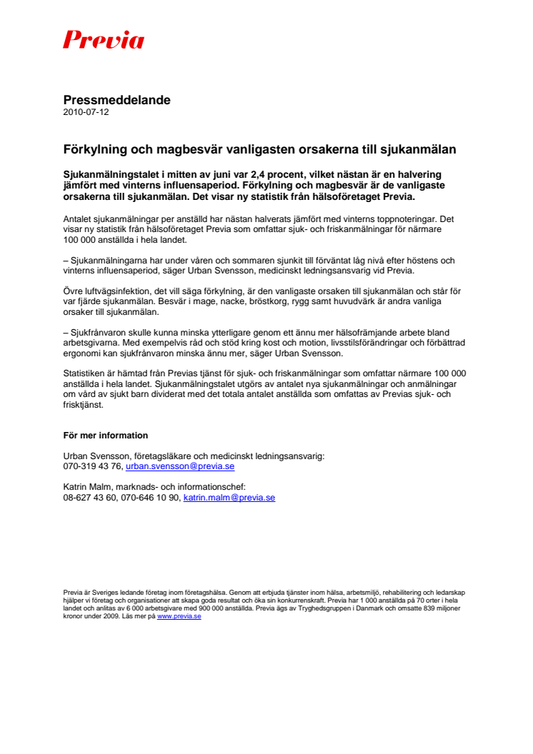 Förkylning och magbesvär vanligaste orsakerna till sjukanmälan