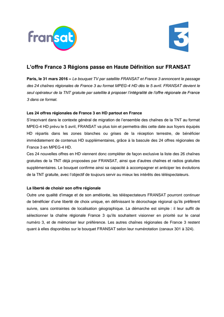 L’offre France 3 Régions passe en Haute Définition sur FRANSAT
