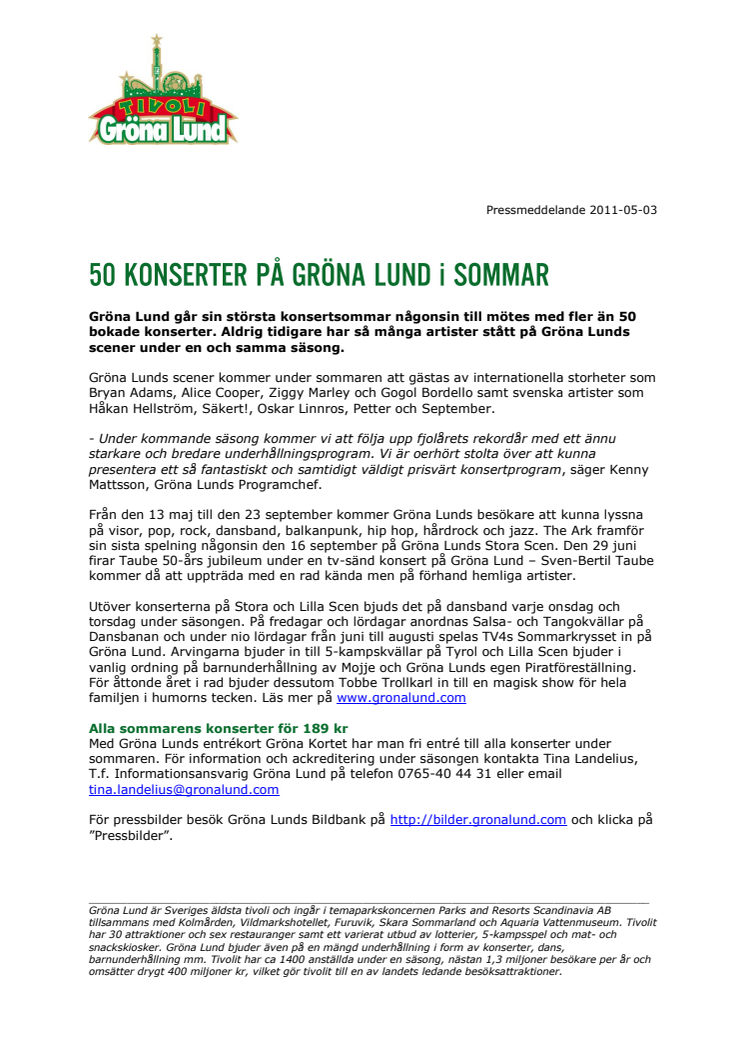 50 konserter på Gröna Lund i sommar
