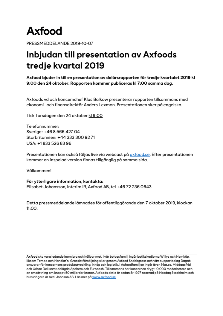 Inbjudan till presentation av Axfoods tredje kvartal 2019