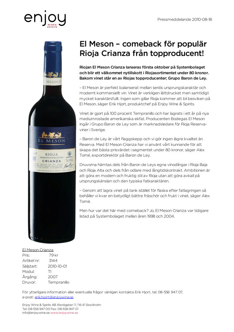 El Meson – comeback för populär Rioja Crianza från topproducent!