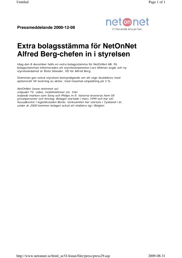 Extra bolagsstämma för NetOnNet