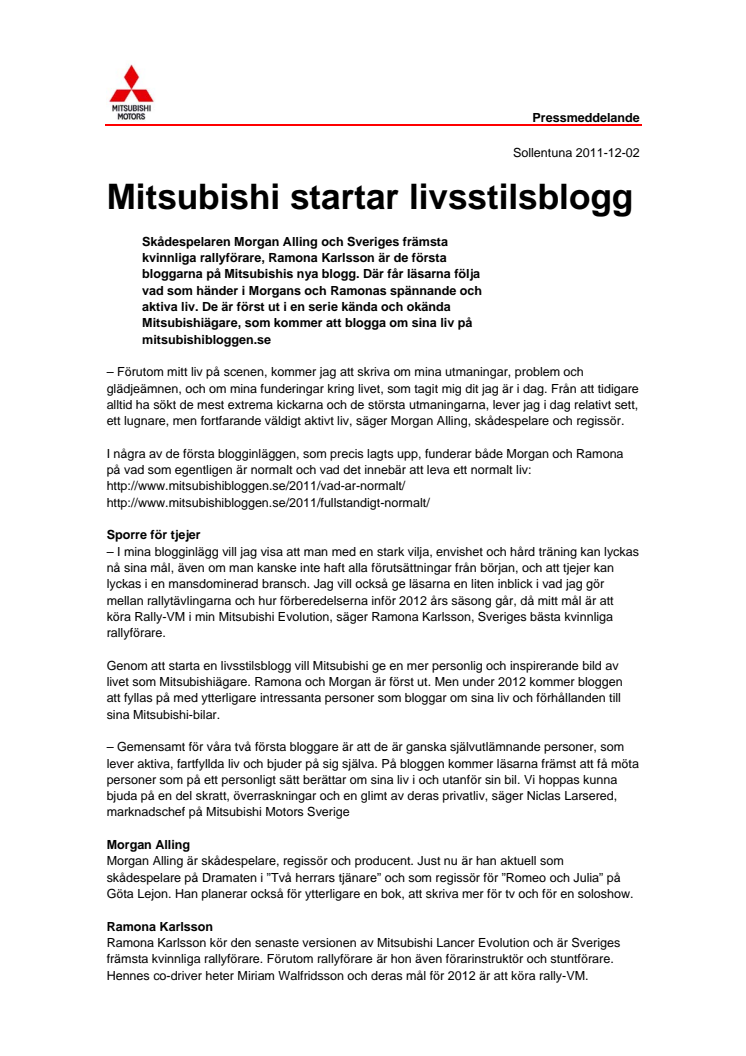 Mitsubishi startar livsstilsblogg