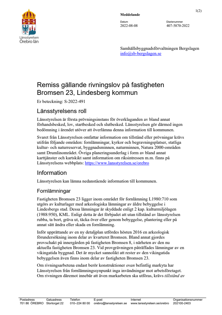 Remiss gällande rivningslov på fastigheten Bromsen 23, Lindesberg kommun
