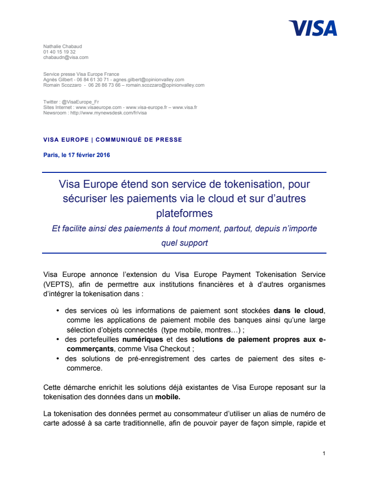 Visa Europe étend son service de tokenisation, pour sécuriser les paiements via le cloud et sur d’autres plateformes 