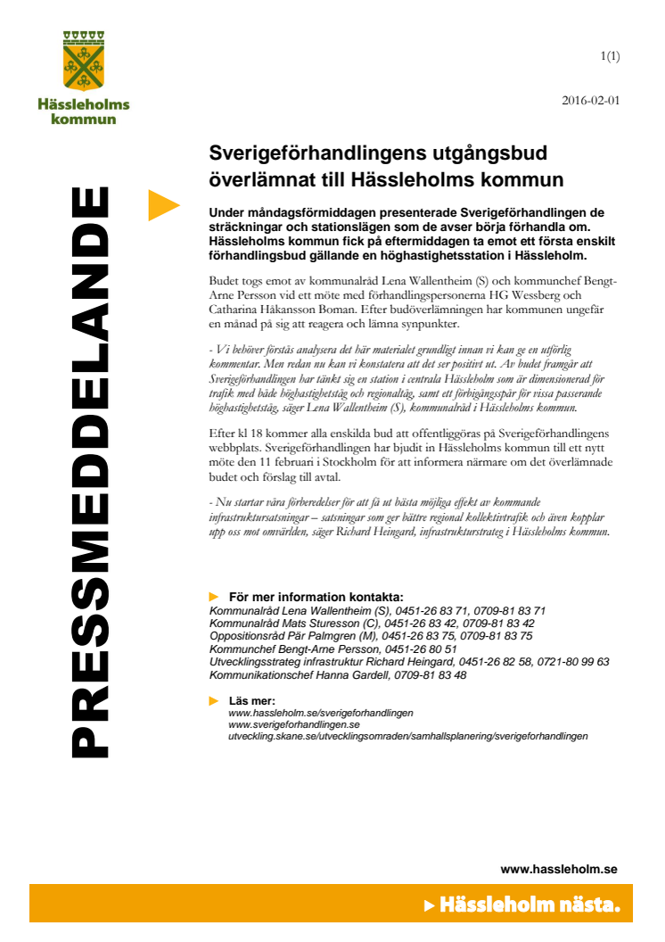 Sverigeförhandlingens utgångsbud överlämnat till Hässleholms kommun
