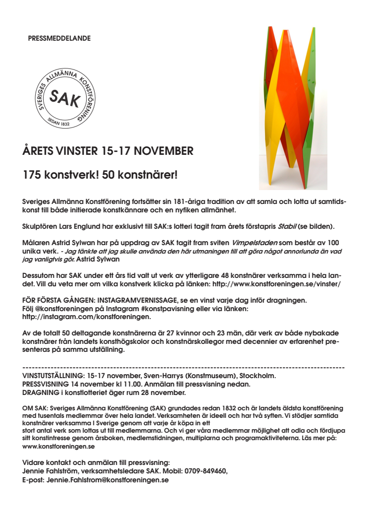 Sveriges Allmänna Konstförening (SAK) gästar Sven-Harrys 15-17 november