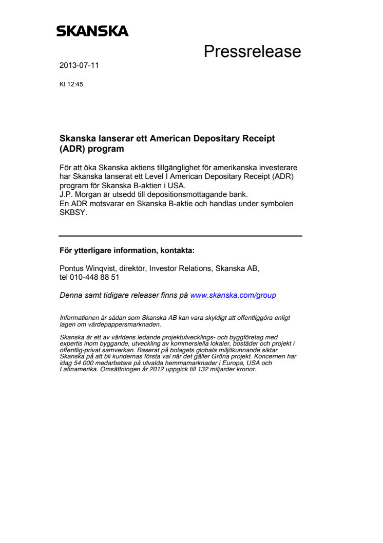 Skanska lanserar ett American Depositary Receipt (ADR) program 