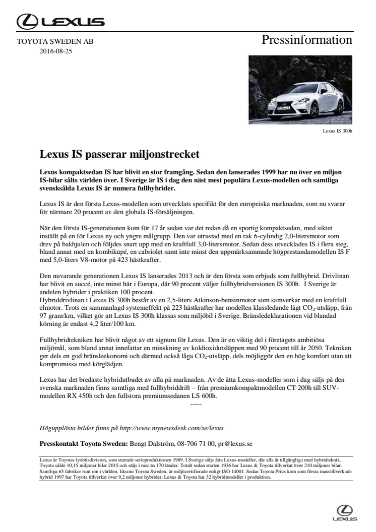 Lexus IS passerar miljonstrecket