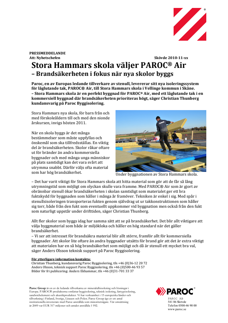 Stora Hammars skola väljer PAROC® Air – Brandsäkerheten i fokus när nya skolor byggs 