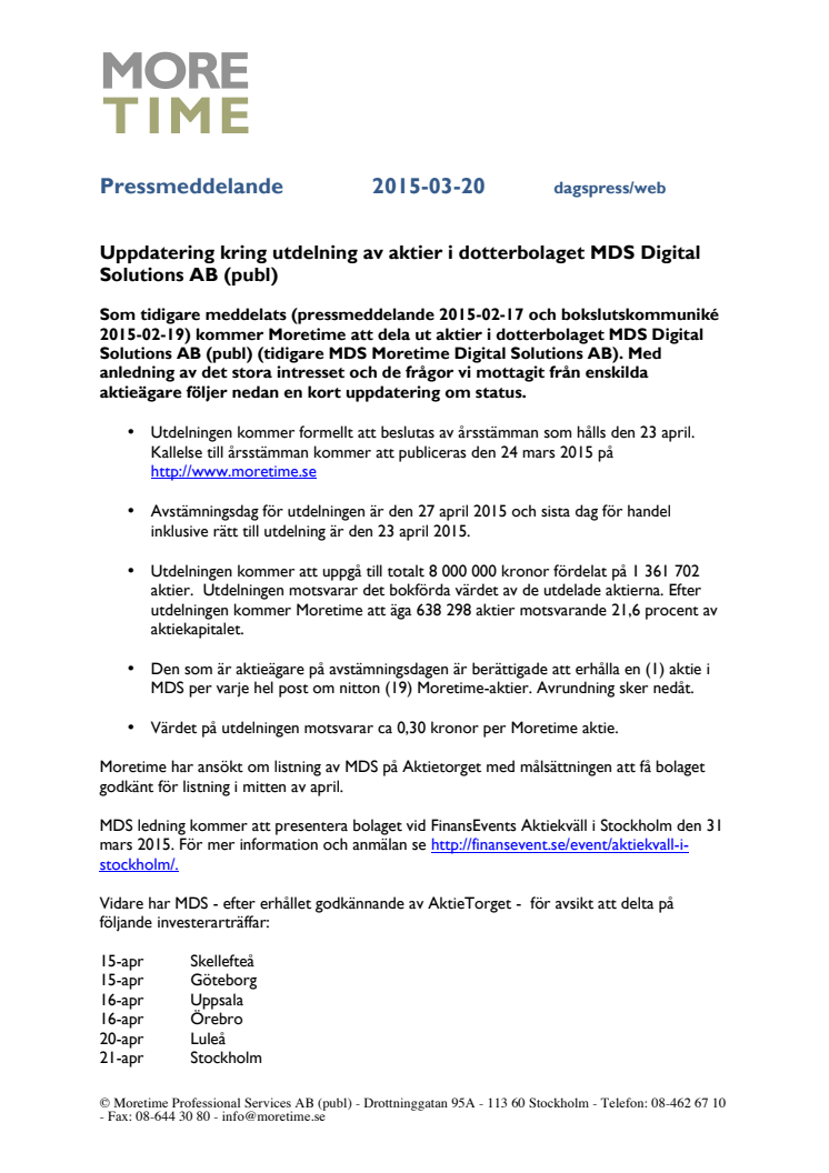 Uppdatering kring utdelning av aktier i dotterbolaget MDS Digital Solutions AB (publ)
