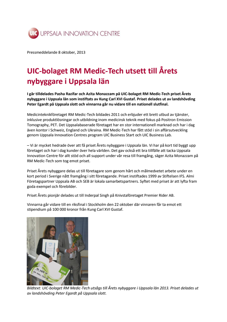 UIC-bolaget RM Medic-Tech utsett till Årets nybyggare i Uppsala län