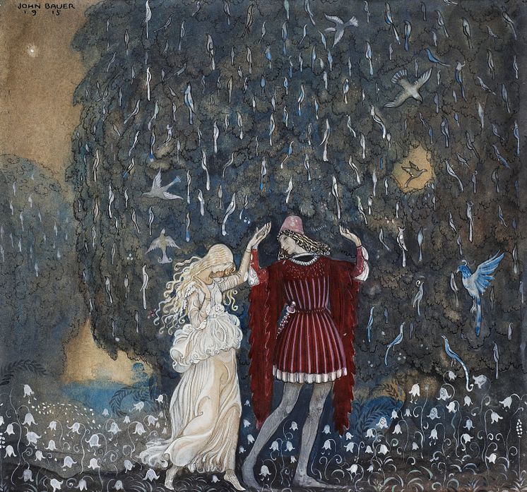 John Bauer, Lena och riddaren dansa, 1915, akvarell, tusch, täckvitt och blyerts på papper, 26 x 28,5 cm. 
