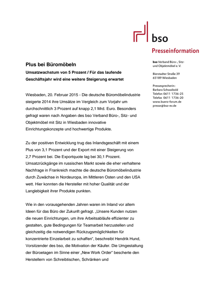 Plus bei Büromöbeln – Umsatzwachstum von 5 Prozent – Für das laufende Geschäftsjahr wird eine weitere Steigerung erwartet