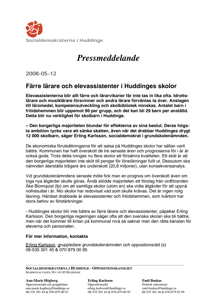 Färre lärare och elevassistenter i Huddinges skolor