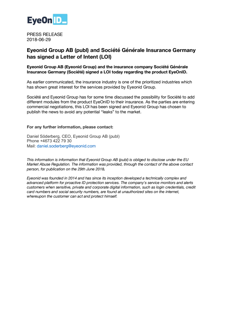 Eyeonid Group AB (publ) and Société Générale Insurance Germany has signed a Letter of Intent (LOI)