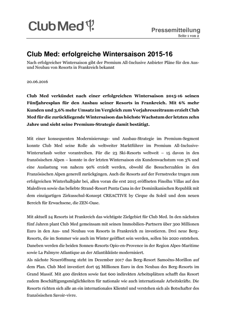 Club Med: erfolgreiche Wintersaison 2015-16