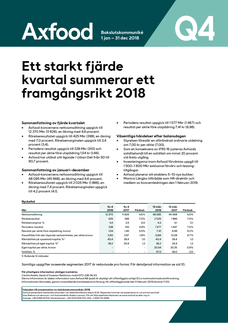 Axfood bokslutskommuniké 2018