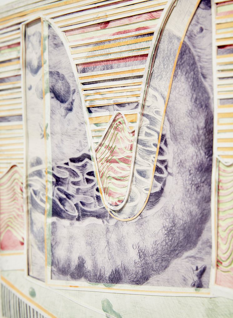 Ellisif Hals, Mito 1, 2014. Collage av torrnålstryck. 34,5 x 32 cm