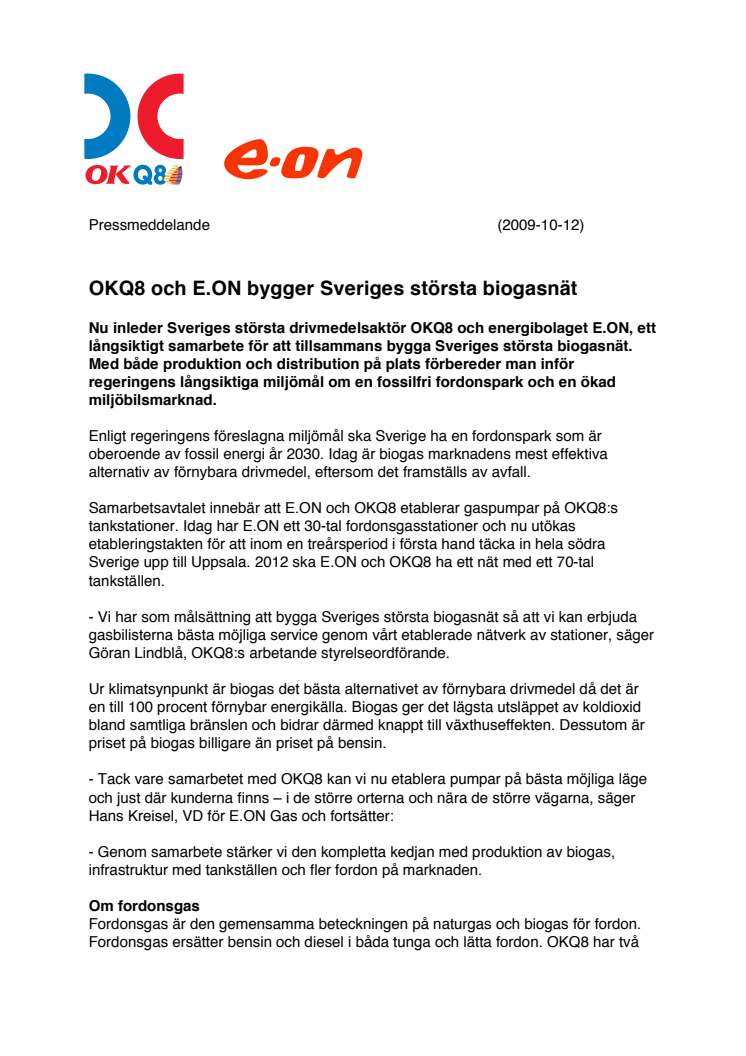 OKQ8 och E.ON bygger Sveriges största biogasnät
