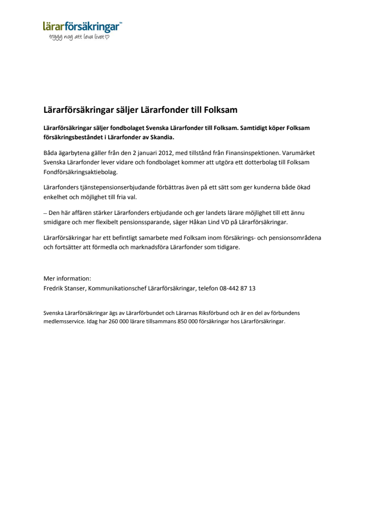 Lärarförsäkringar säljer Lärarfonder till Folksam