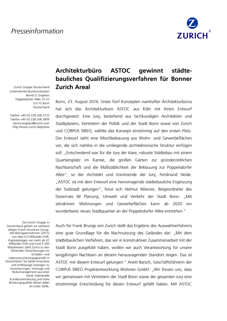 Architekturbüro ASTOC gewinnt städtebauliches Qualifizierungsverfahren für Bonner Zurich Areal