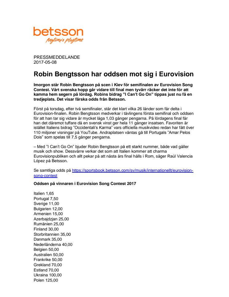 Robin Bengtsson har oddsen mot sig i Eurovision