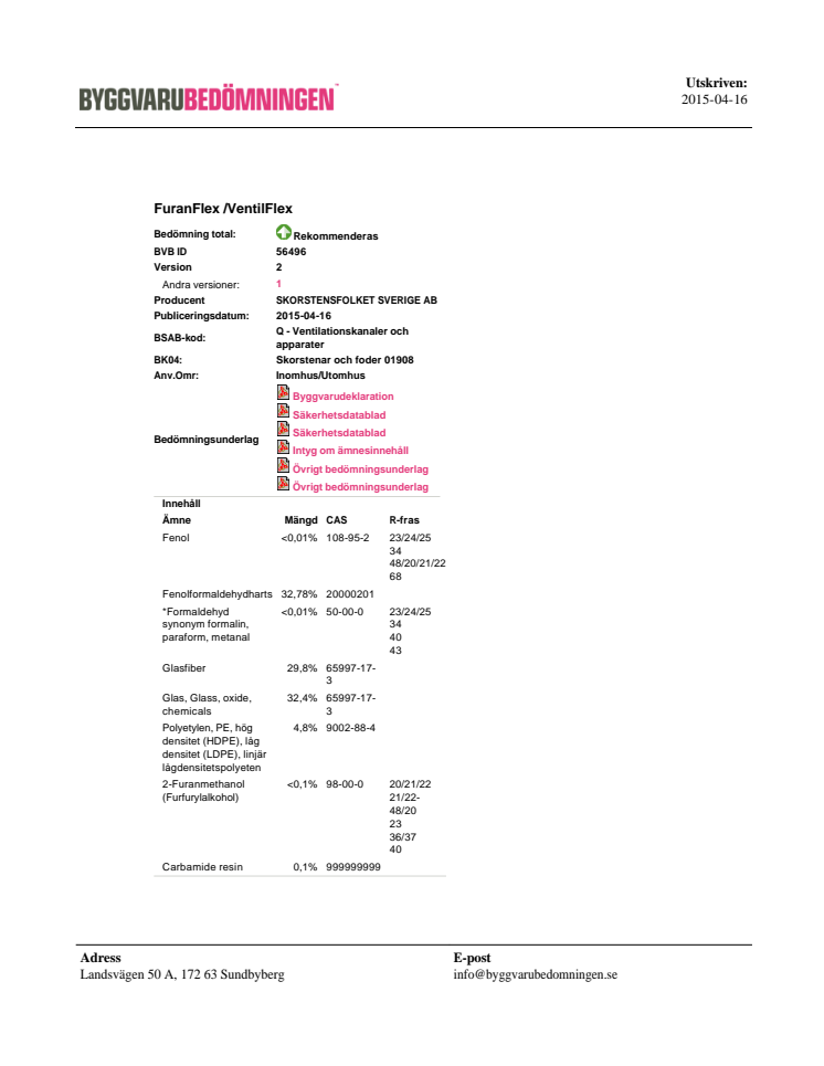 Certifikat Byggvarubedömningen, VentilFlex/FuranFlex