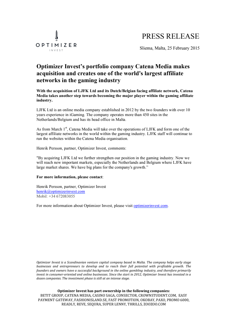 Optimizer Invest’s portfolio company Catena Media makes acquisition and creates one of the world's largest affiliate networks in the gaming industry
