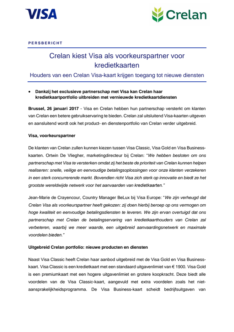 Crelan kiest Visa als voorkeurspartner voor kredietkaarten - Houders van een Crelan Visa-kaart krijgen toegang tot nieuwe diensten 