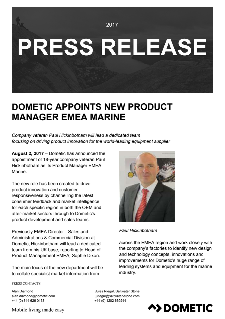 Dometic: Dometic Appoints New Product Manager EMEA Marine