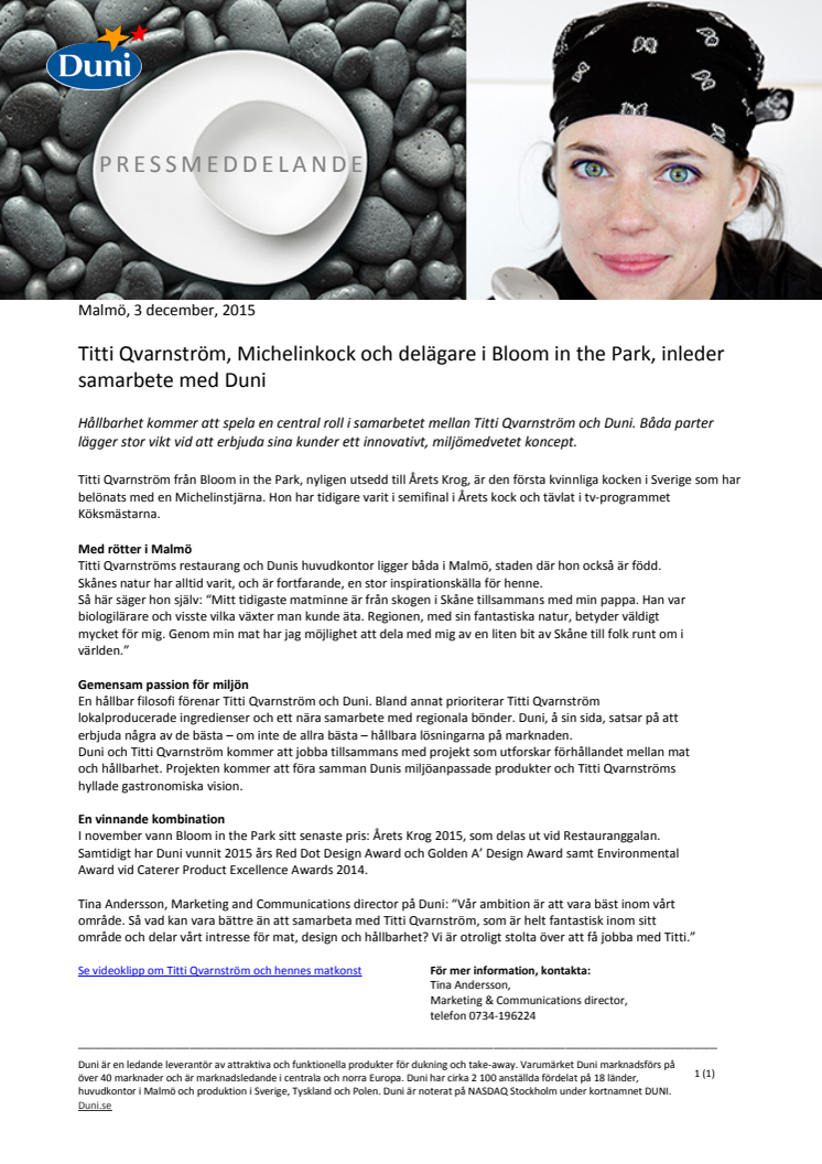 Titti Qvarnström, Michelinkock och delägare i Bloom in the Park, inleder samarbete med Duni