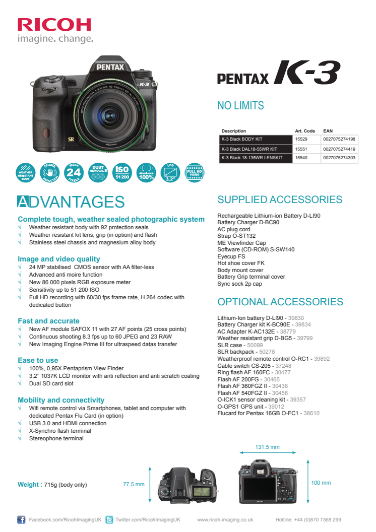 Pentax K-3 specifications
