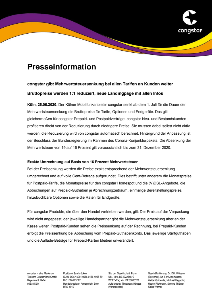 congstar gibt Mehrwertsteuersenkung bei allen Tarifen an Kunden weiter