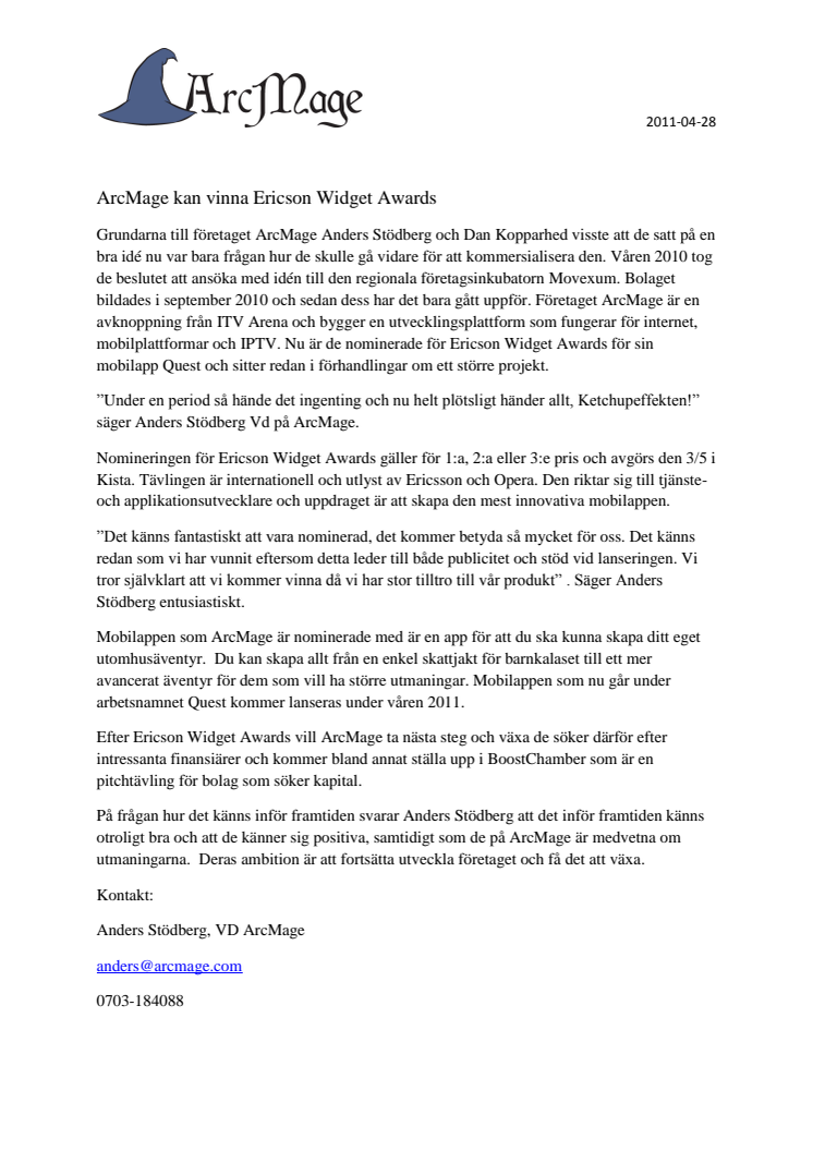 ArcMage kan vinna Ericson Widget Awards