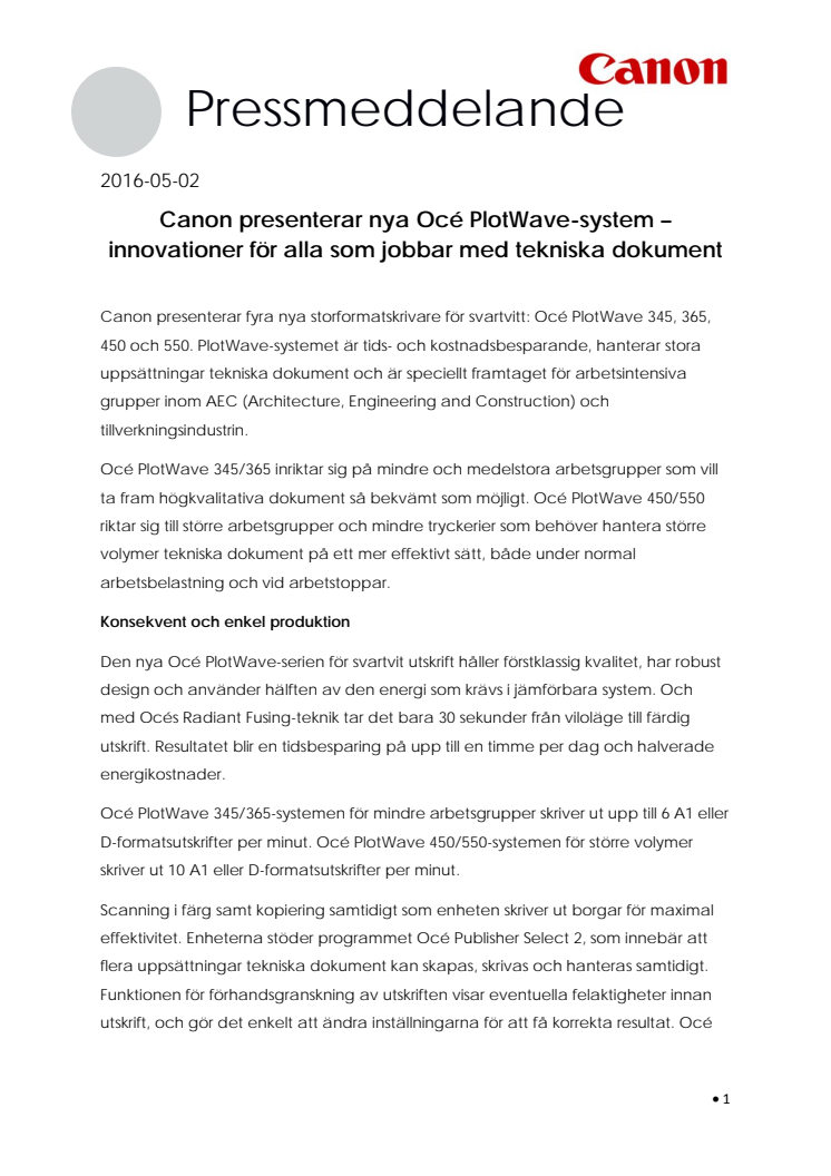 Canon presenterar nya Océ PlotWave-system – innovationer för alla som jobbar med tekniska dokument