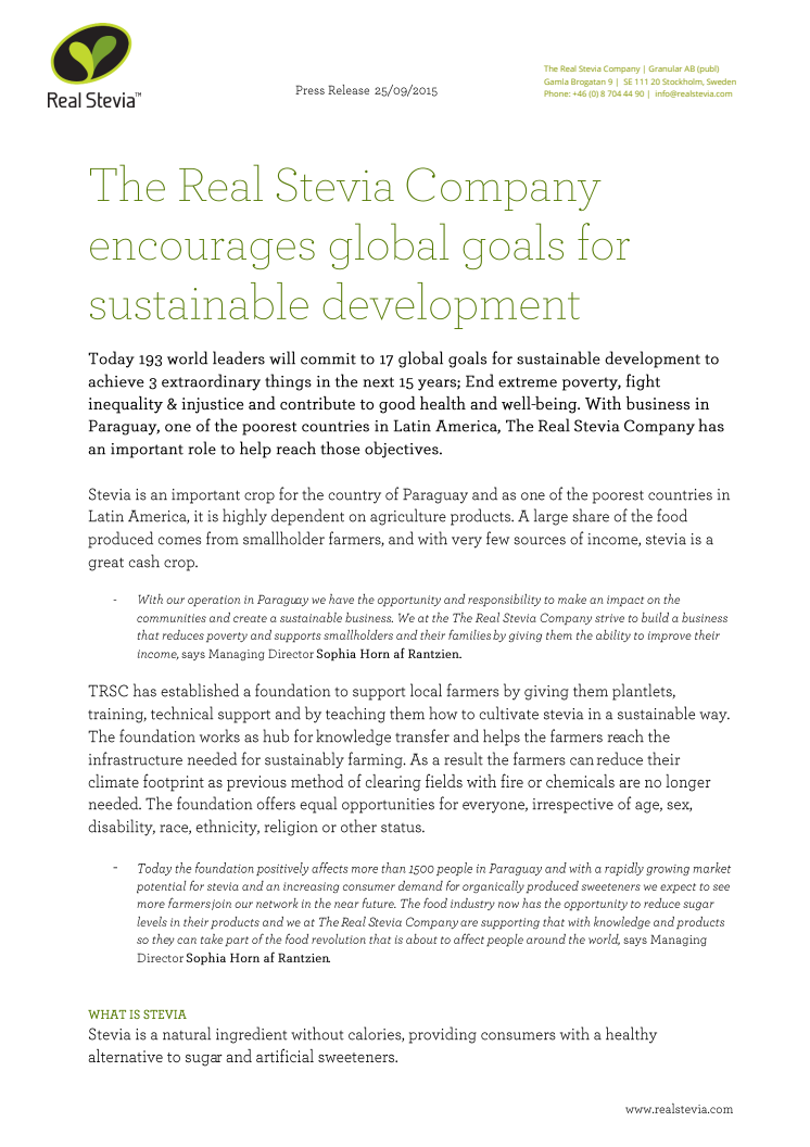 The Real Stevia Company encourages global goals for sustainable development