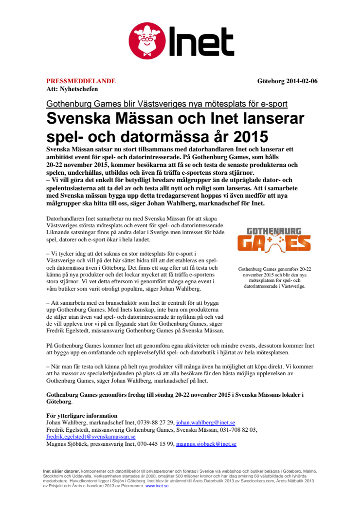 Svenska Mässan och Inet lanserar spel- och datormässa år 2015