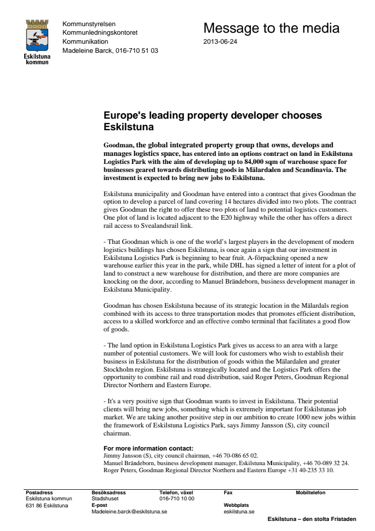Europe's leading property developer chooses Eskilstuna