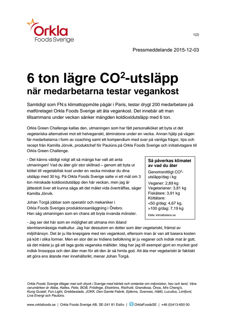 6 ton lägre CO2-utsläpp när medarbetarna testar vegankost