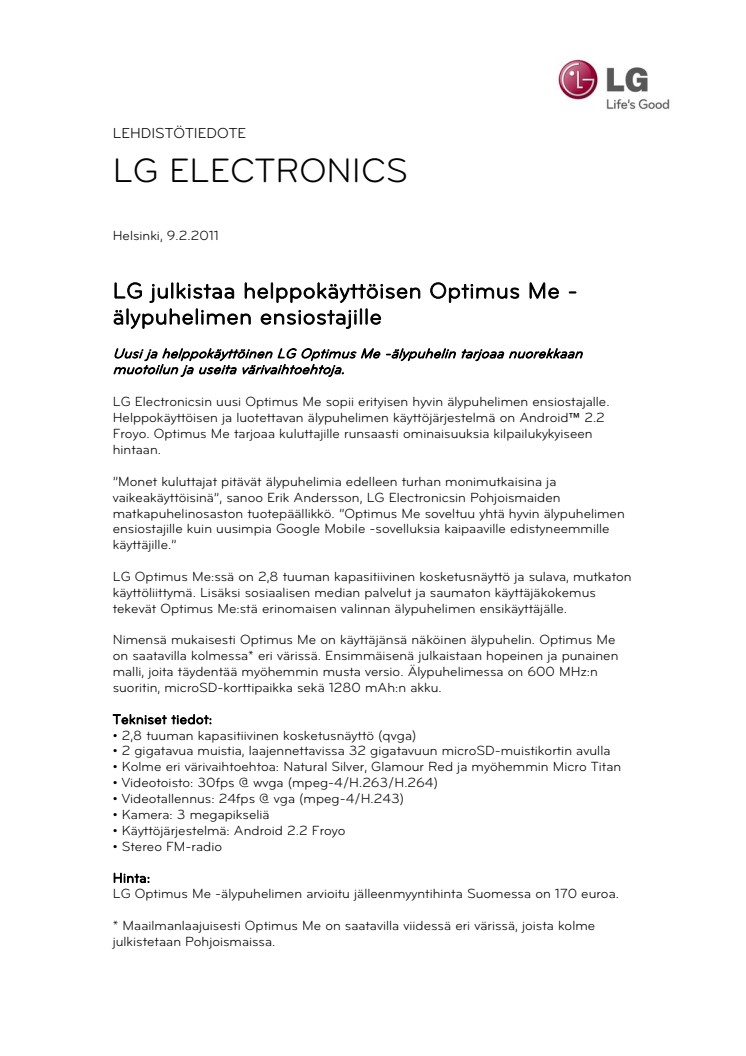 LG julkistaa helppokäyttöisen Optimus Me - älypuhelimen ensiostajille