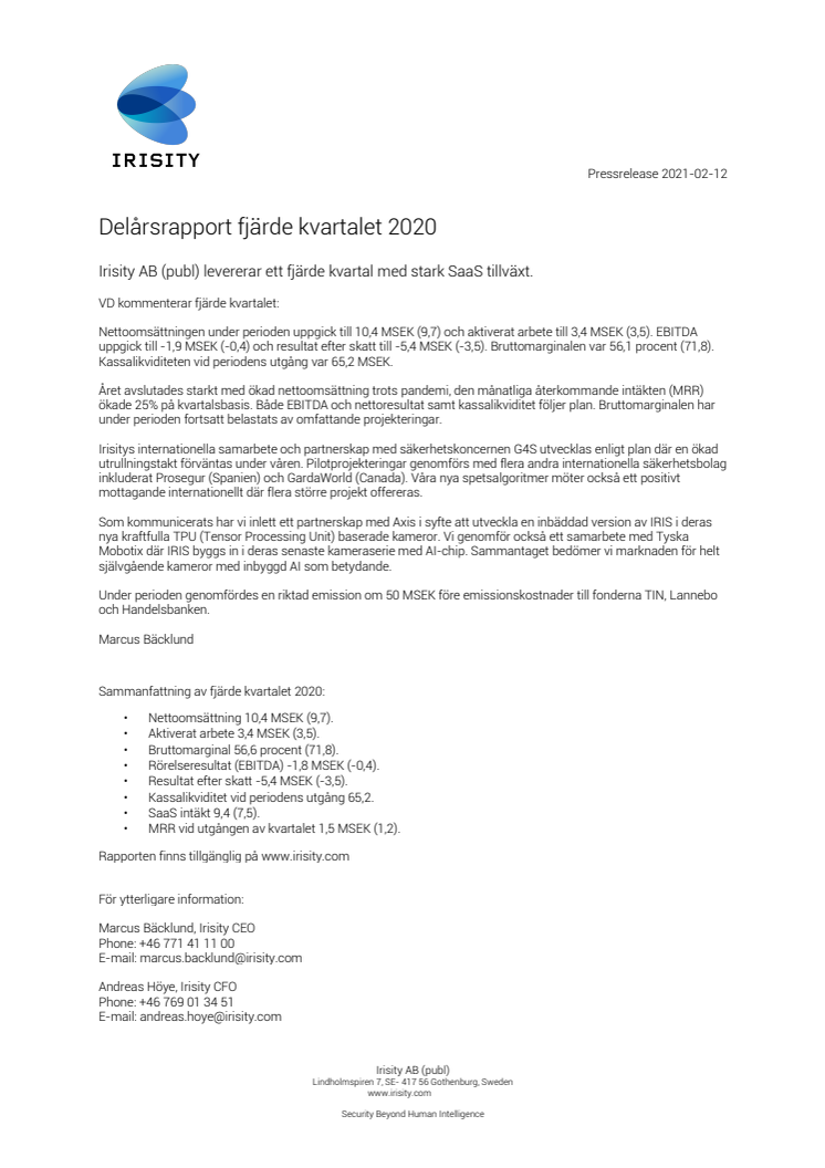 Delårsrapport fjärde kvartalet 2020