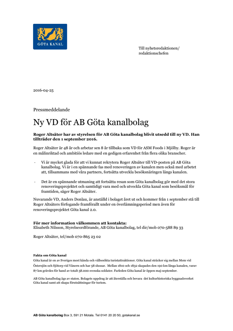 Roger Altsäter blir ny VD för AB Göta kanalbolag