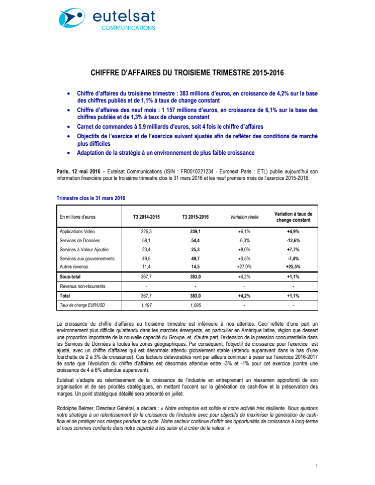 CHIFFRE D’AFFAIRES DU TROISIEME TRIMESTRE 2015-2016  