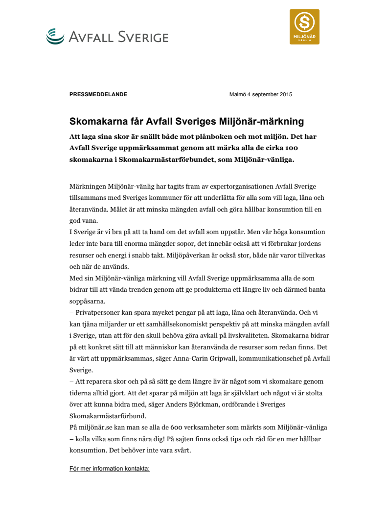 Skomakarna får Avfall Sveriges Miljönär-märkning